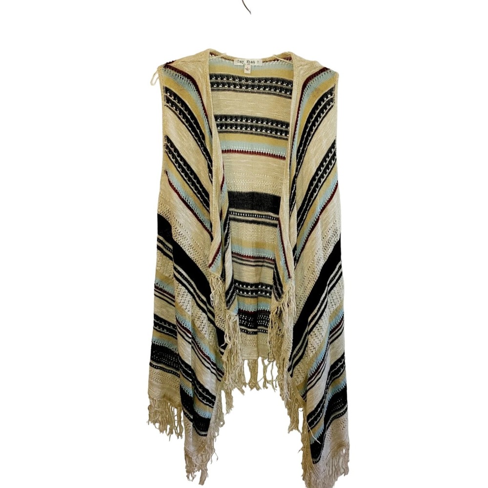 Say‎ What Boho Hippie Festival long sweater vest with fringe size L Made In USA
